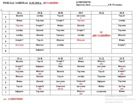 Розклад уроків на 11.02.2026 року