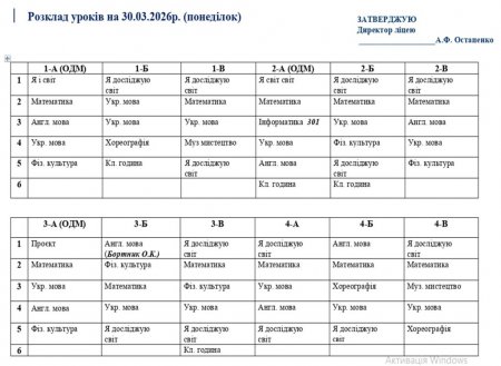 Розклад навчальних занять для унчів 1-11 класів на 30.03.2026 року