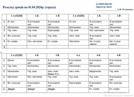 Розклад занять на 01.04.2026 року