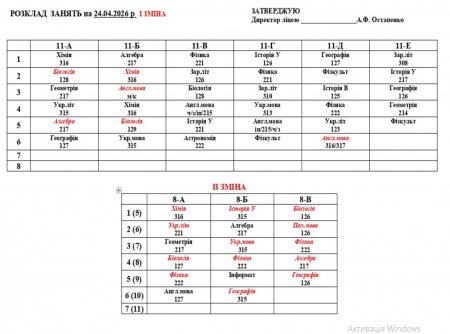 Розклад навчальних занять на 24.04.2026 року