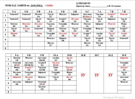 Розклад навчальних занять на 24.04.2026 року