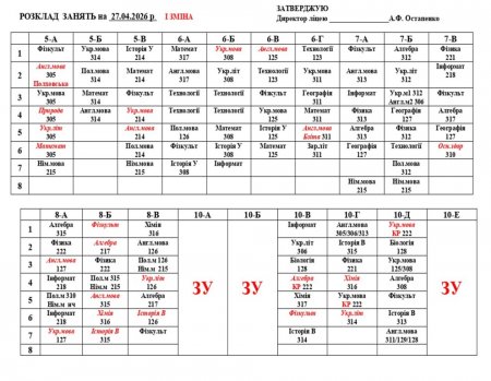 Розклад навчальних занять на 27.04.2026 року