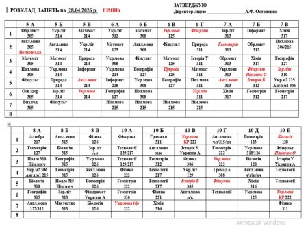 Розклад навчальних занять на 28.04.2026 року