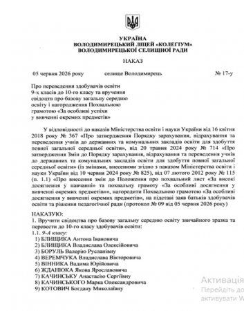 наказ про переведення здобувачів освіти  9-х класів до 10-го класу