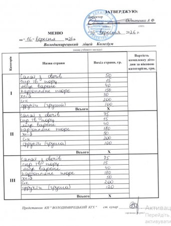 Меню на 16.09.2026 року